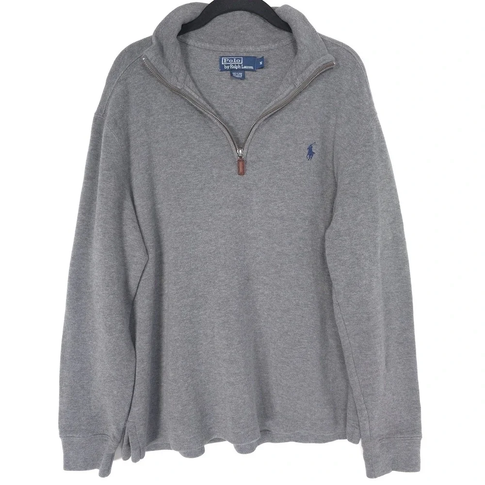 POLO BY RALPH LAUREN Mens Pullover‎ Sweater MEDIUM Gray 100% Cotton Quarter Zip